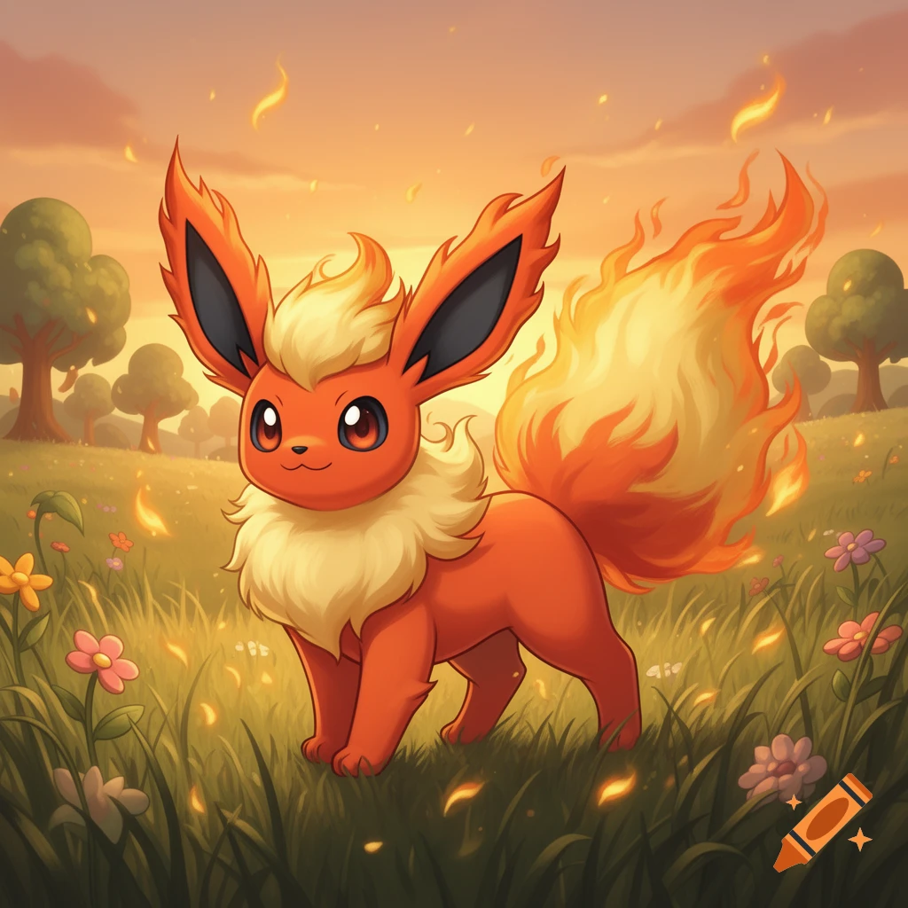 A cute, orange cartoon Flareon with fiery fur and tail stands in a grassy field with flowers at sunset, in a cartoon style.