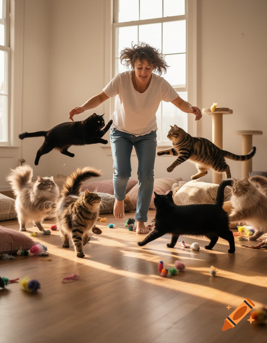 A woman playfully interacts with several cats, some jumping in the air, in a sunlit living room filled with cat toys.