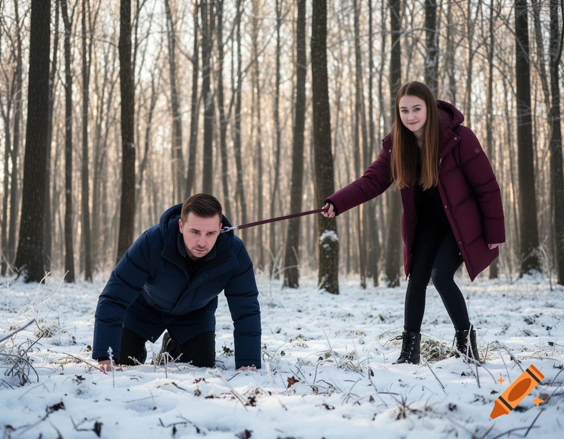 A woman holds a leash attached to a man crawling on all fours in a snowy winter forest.