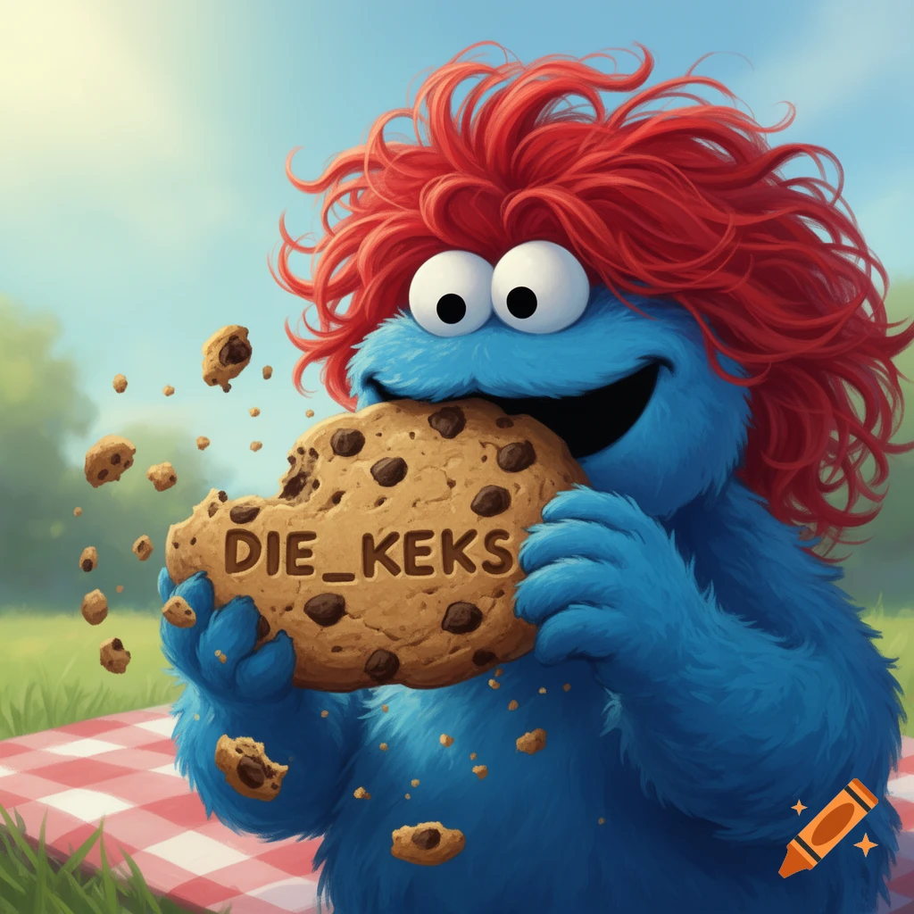 A blue, furry monster with red hair happily eats a large chocolate chip cookie with 'DIE_KEKS' on it, outdoors on a picnic blanket.