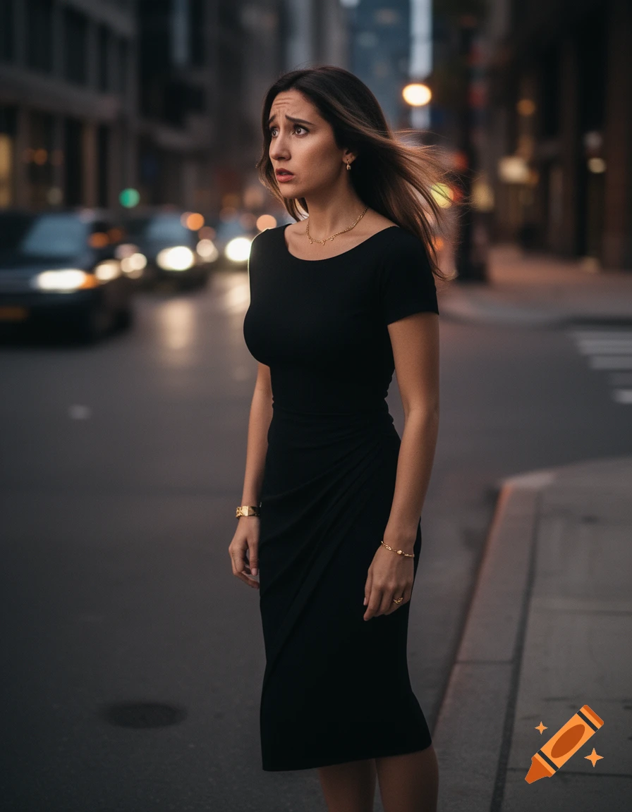 Photorealistic portrait of a distressed woman in a black dress and gold jewelry standing on a busy city street curb.