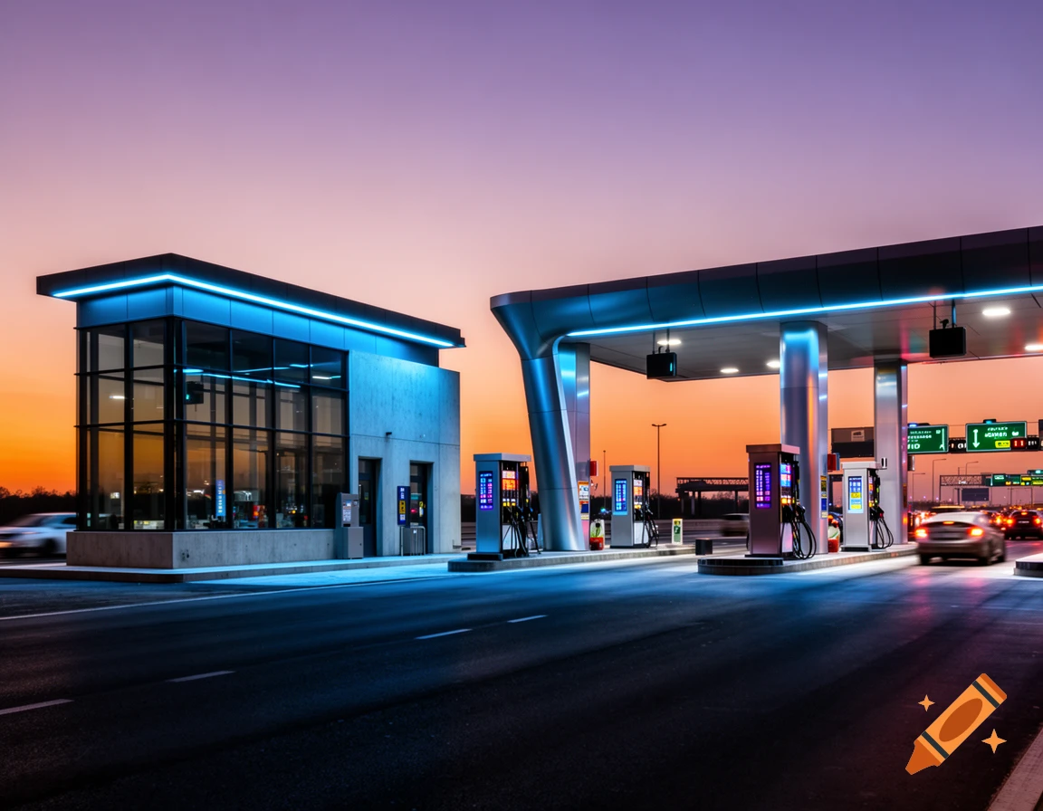 A modern gas station and a glass-fronted building illuminated with blue neon lights at dusk, with cars on the road and a vibrant orange and purple sky.
