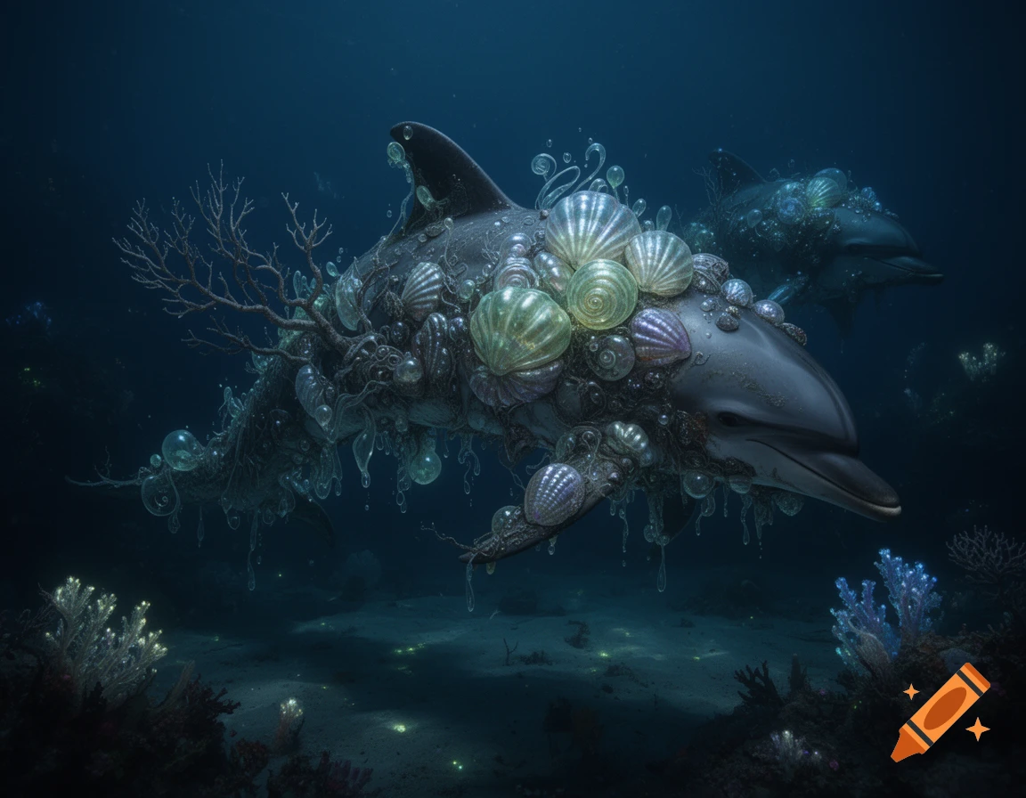 Two surreal dolphins covered in glowing shells and corals, appearing to melt in a dark underwater scene with illuminated marine life.