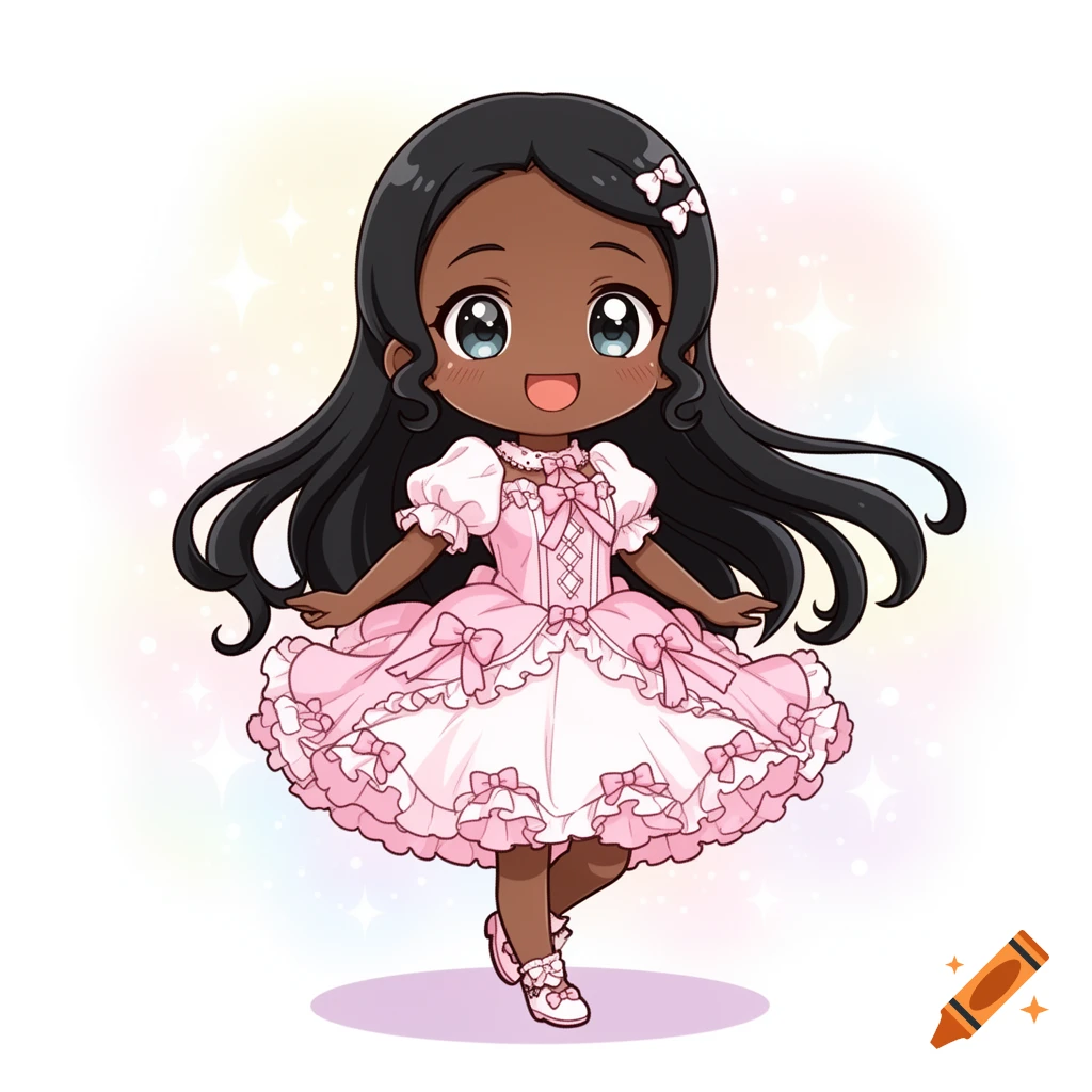 Smiling anime chibi black girl with long black hair in a frilly pink and white dress with bows.