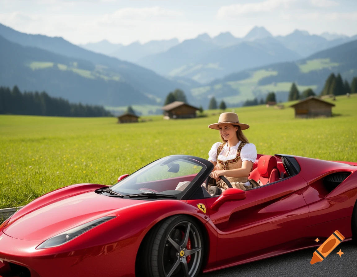 A woman in a straw hat and traditional Bavarian dress smiles from a red Ferrari convertible on a mountain road with green fields and distant peaks.