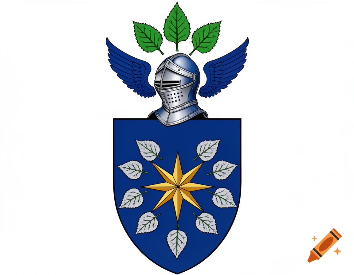 A heraldic coat of arms featuring a blue shield with a gold star and silver leaves, topped by a knight's helmet, blue wings, and green leaves.