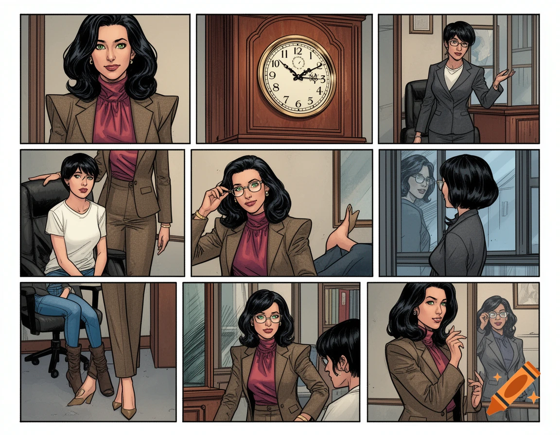 A 9-panel comic page shows a woman in a brown suit and a woman in a white t-shirt in an office, with a wall clock.
