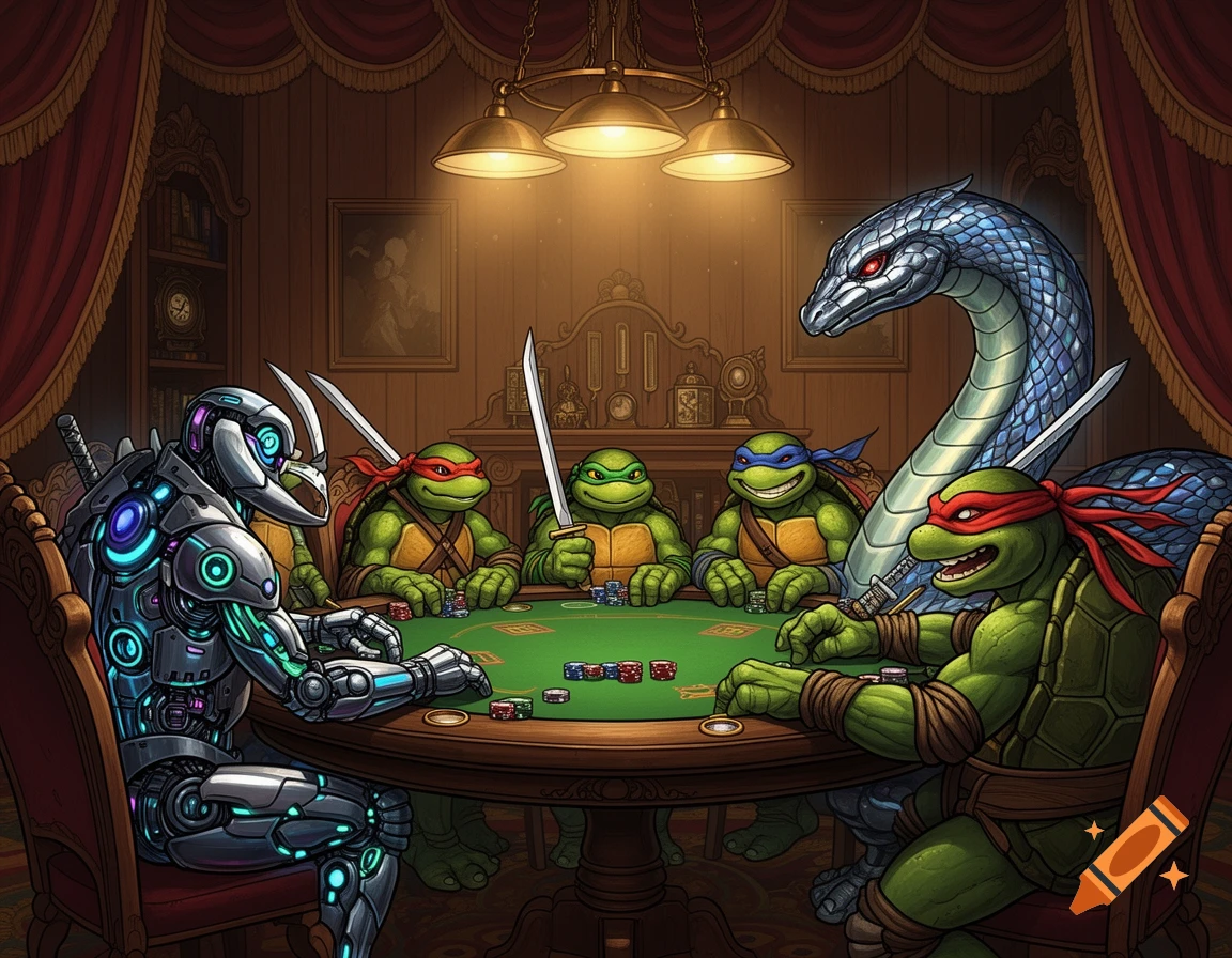 Anthropomorphic turtles, a robot, and a snake creature play poker at an ornate table in a richly decorated room.