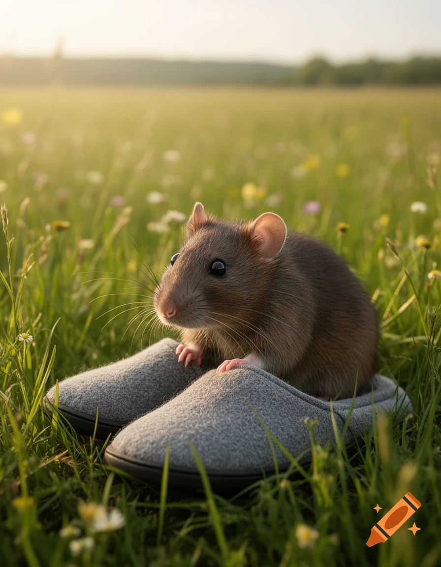 A small brown rat sits in gray slippers amidst green grass and wildflowers under a sunny sky.