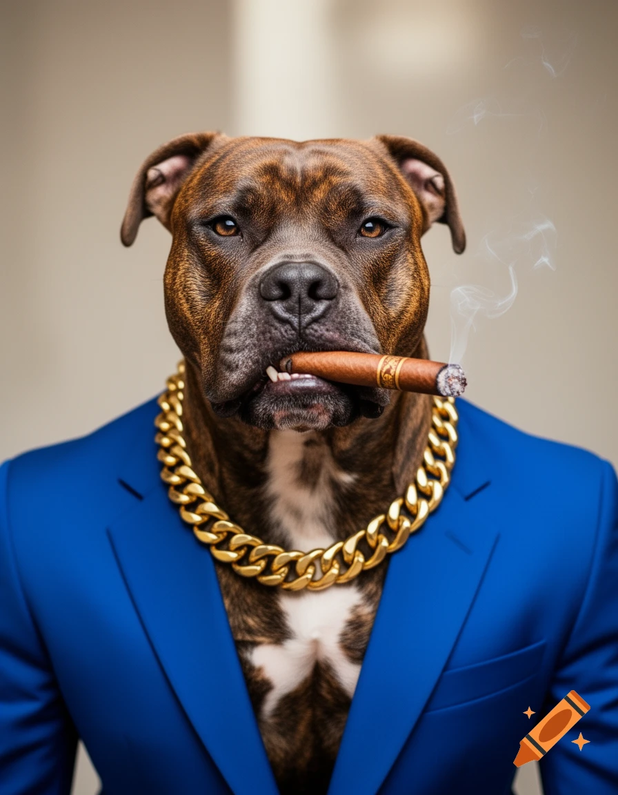 A hyper-realistic portrait of a tough pitbull-bulldog mix in a blue suit and gold chain, smoking a cigar.