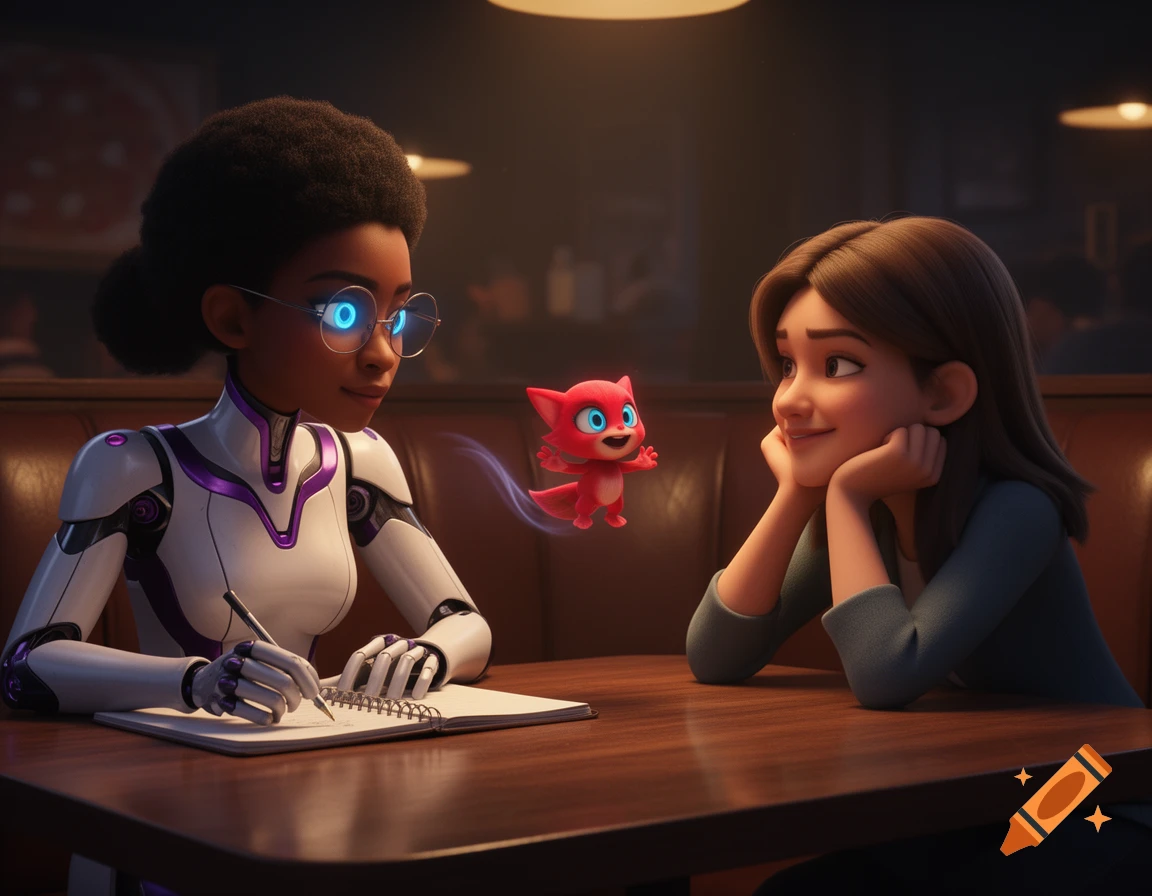 A 3D animated scene with a robot woman writing, a human woman smiling, and a small red creature hovering between them in a dimly lit diner booth.