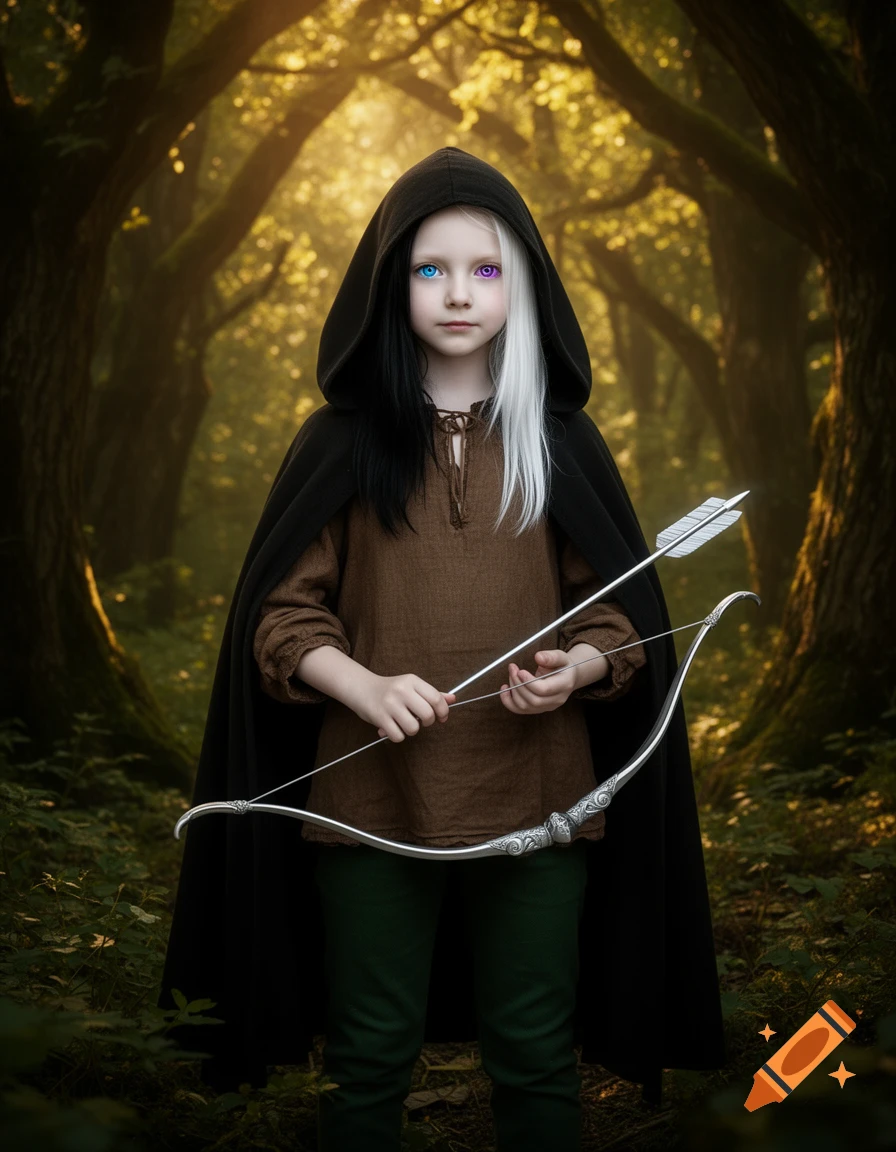A girl in a black hooded cloak and brown tunic with black and white hair and heterochromatic eyes holds a silver bow and arrow in a sunlit forest.