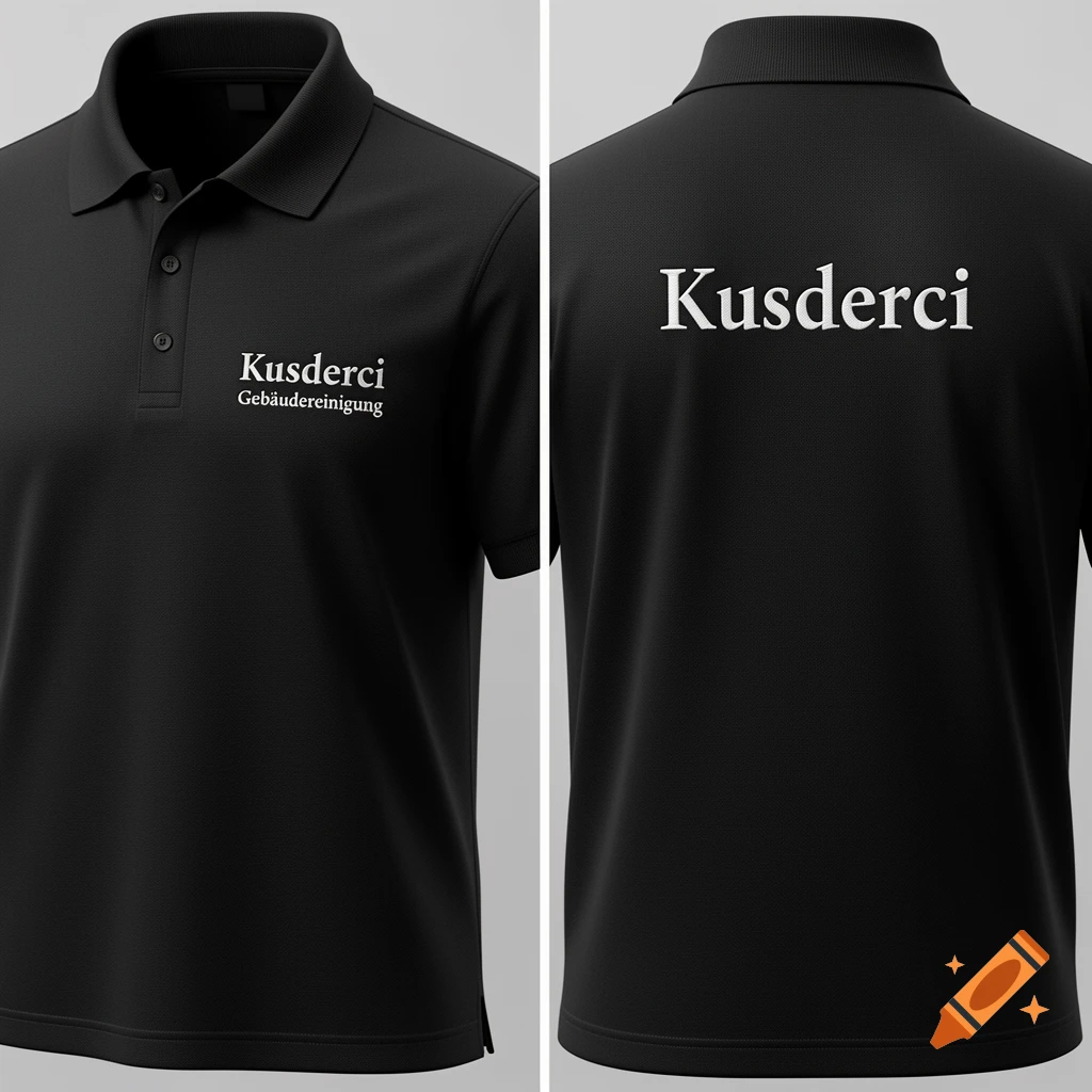 Front and back view of a black polo shirt with 'Kusderci Gebäudereinigung' on the front and 'Kusderci' on the back.