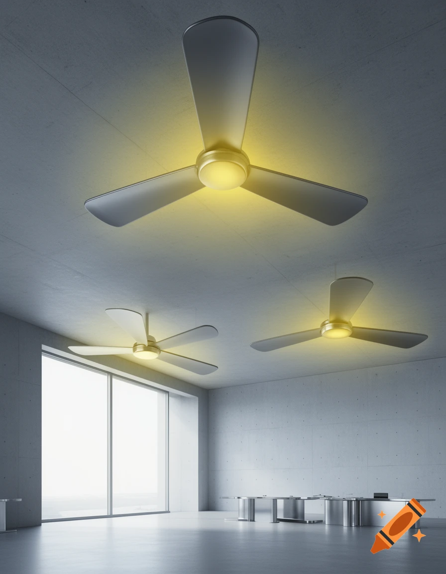 Three modern, gray ceiling fans with glowing yellow lights in a minimalist concrete room with large windows.