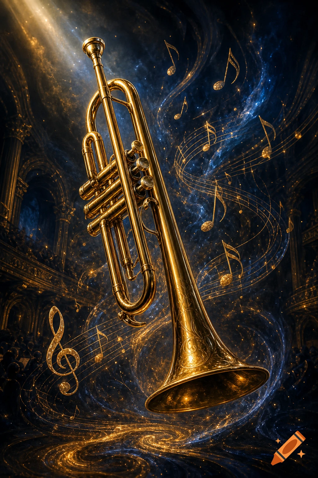 A golden trumpet floats in a dark, ethereal space filled with swirling blue and gold light, surrounded by glowing musical notes and staves.