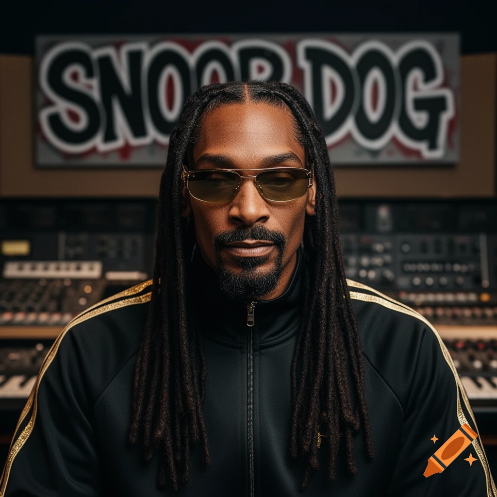 Photorealistic portrait of Snoop Dogg wearing sunglasses and a black tracksuit, standing in a recording studio with "SNOOP DOG" on a sign.