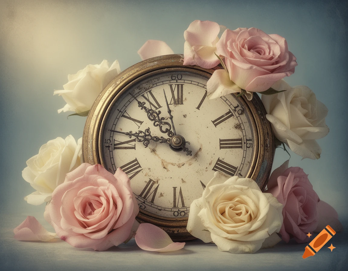 Close-up of a vintage brass clock surrounded by pink and white roses, with scattered petals on a soft, faded background.