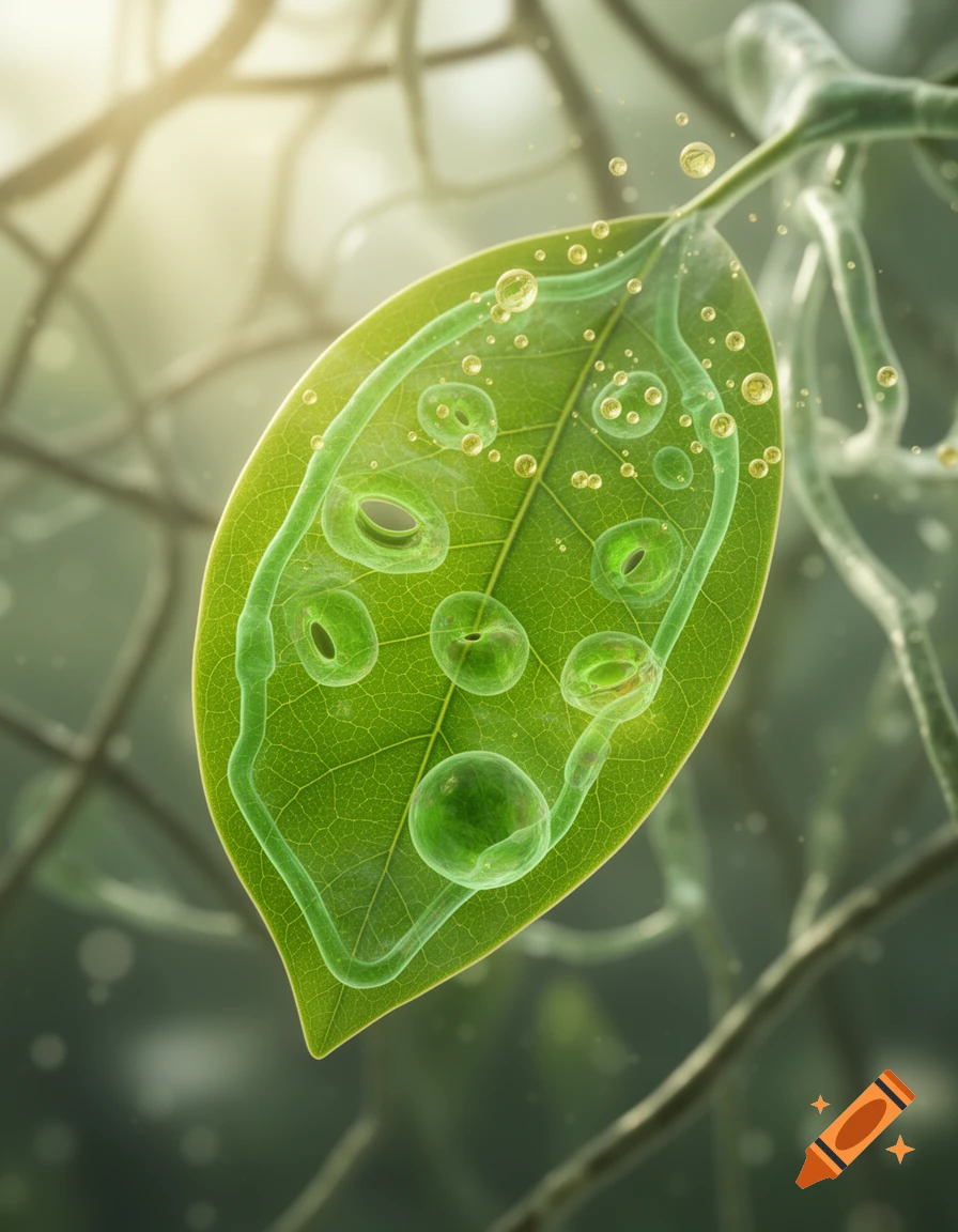 A detailed microscopic view of a vibrant green leaf, showing internal structures, translucent fluid, and bubbles, symbolizing photosynthesis.
