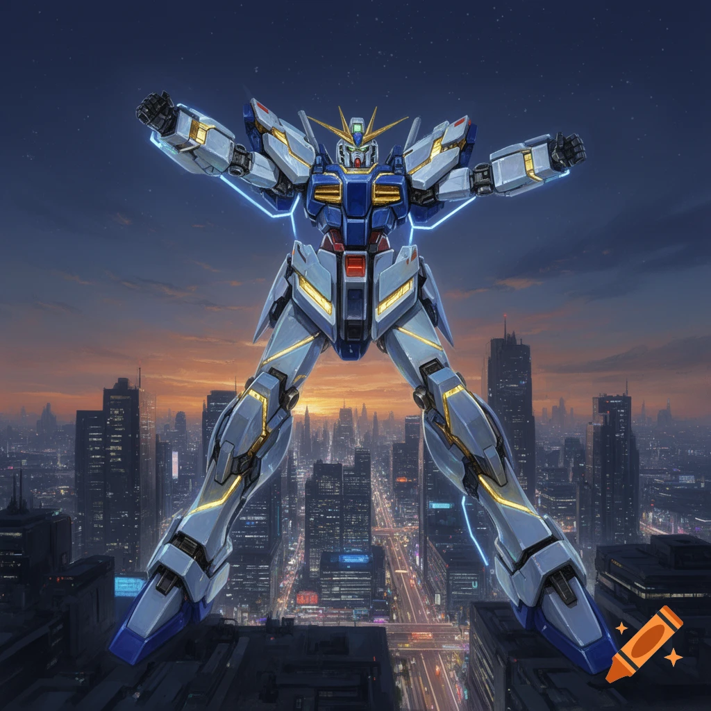 Giant Gundam-style mech with blue lights in a T-pose over a futuristic city at sunset.