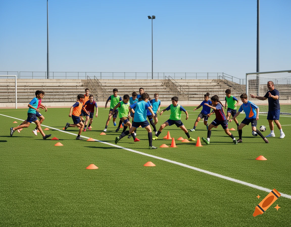 A group of young soccer players and a coach practice drills on a green field with orange cones under a clear blue sky.