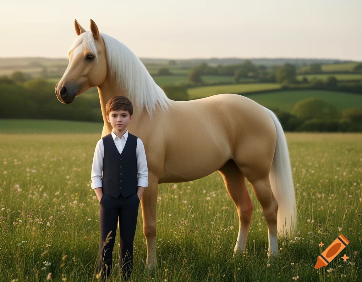 A young boy in a white shirt and dark vest stands beside a golden palomino horse in a grassy meadow.