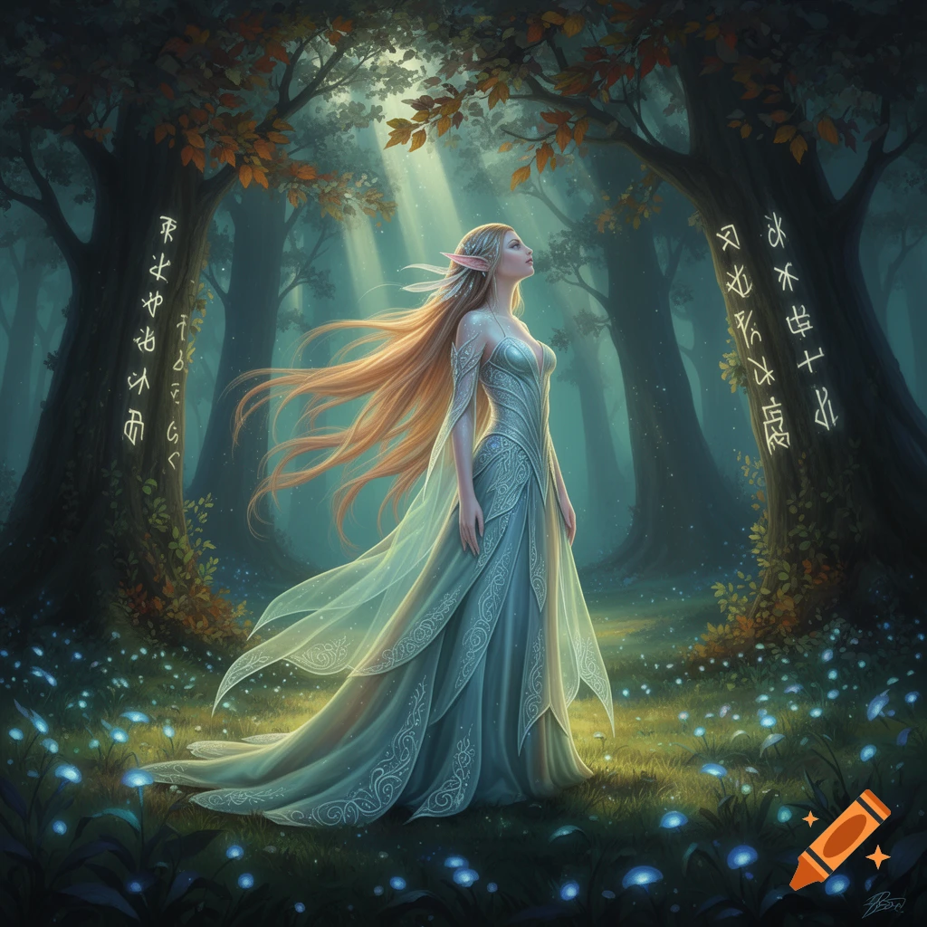 A beautiful elf with long blonde hair in a flowing blue gown stands in a magical forest with glowing plants.