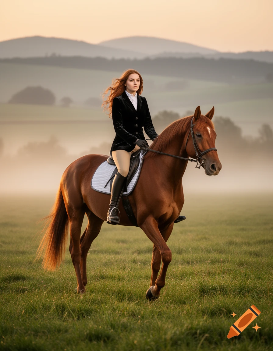 A woman with flowing red hair rides a brown horse in a misty green field at sunrise.