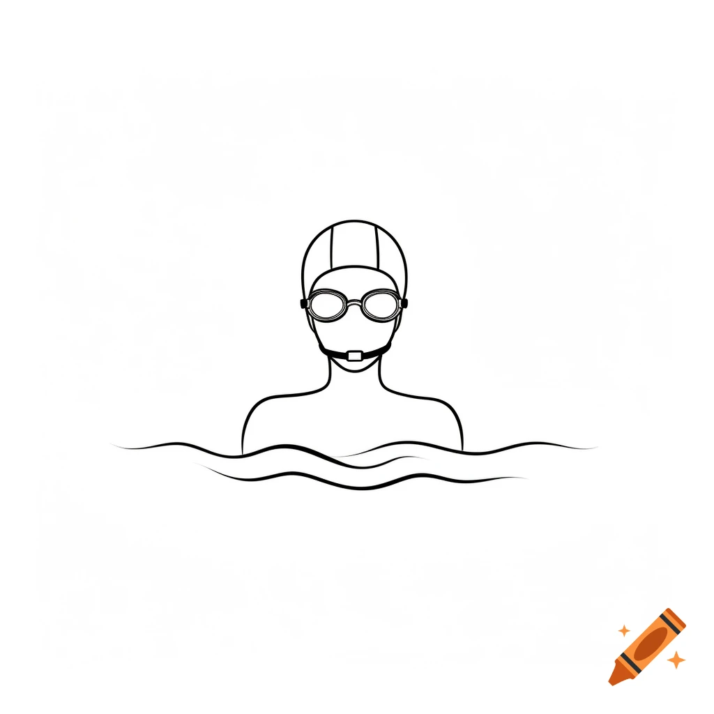 Minimalist black line art of a swimmer in a cap and goggles, head and shoulders above wavy water.