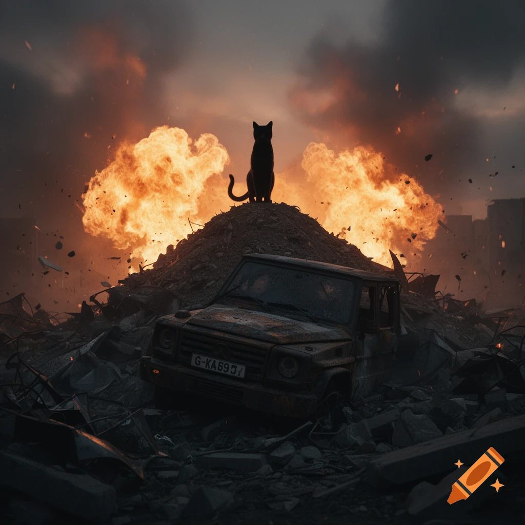 A black cat sits on a rubble pile with a burned car and large explosions behind it in a dystopian landscape.