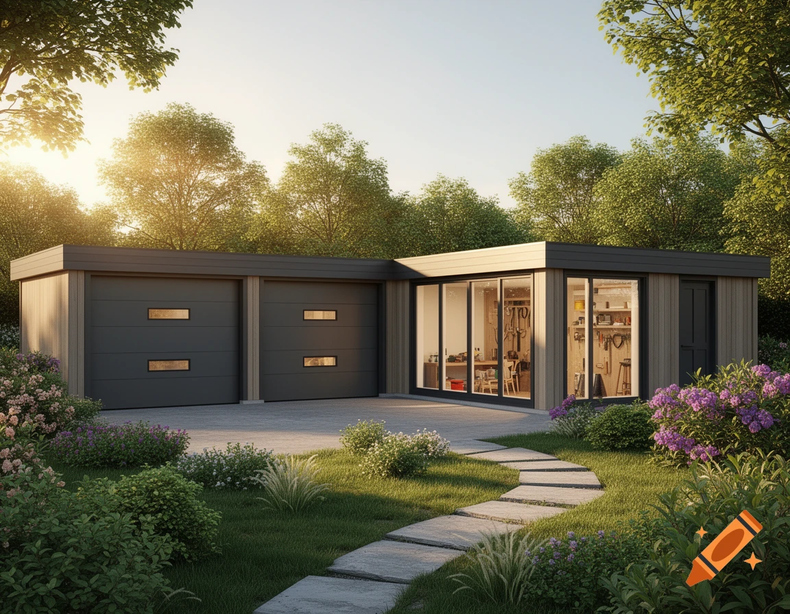 Photorealistic L-shaped modern building with a double garage and glass-fronted workshop, surrounded by a lush green garden with a stone path.