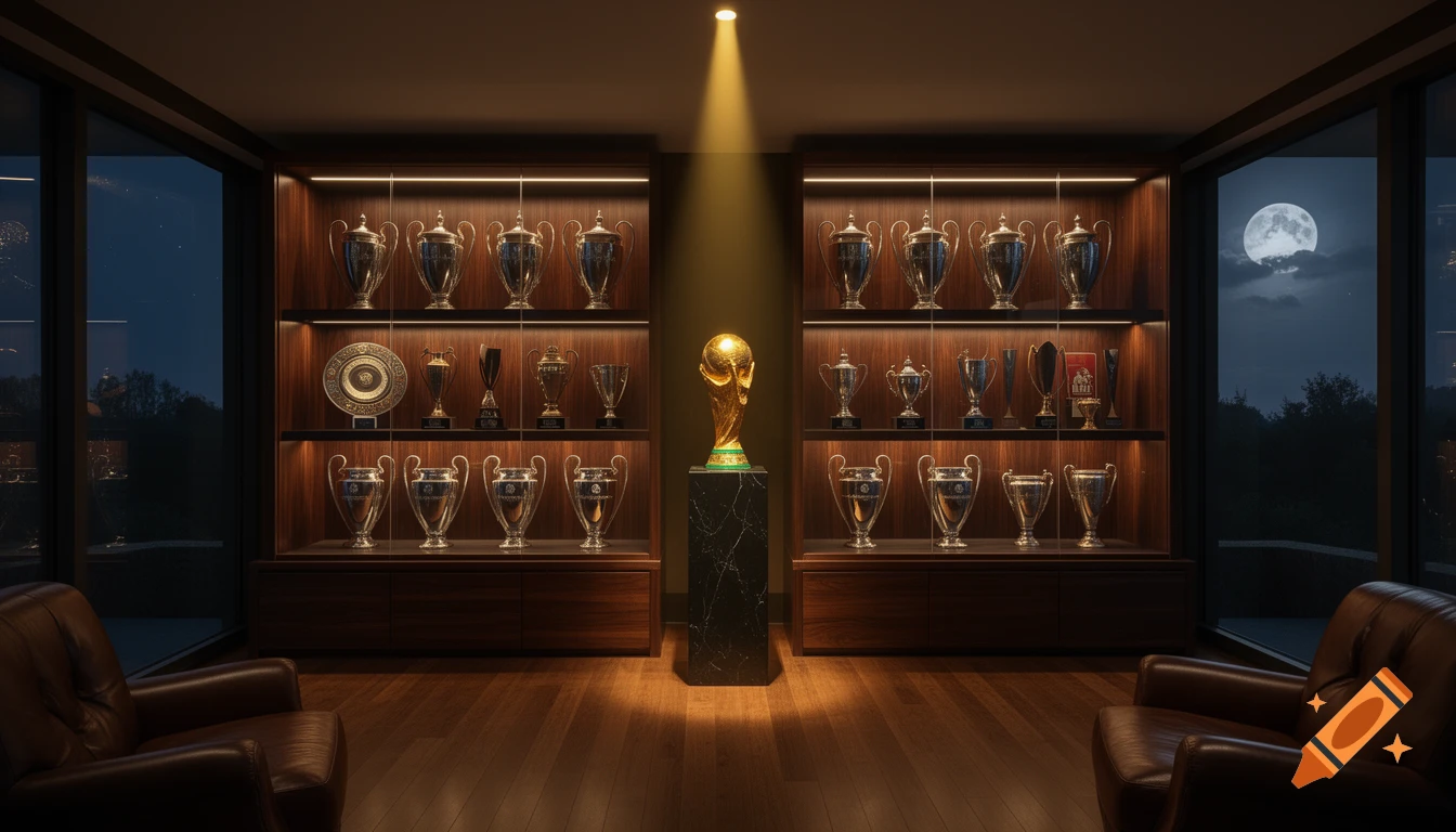 Photorealistic luxury trophy room with the FIFA World Cup, many football trophies in lit wood cabinets, leather chairs, and a moonlit view.