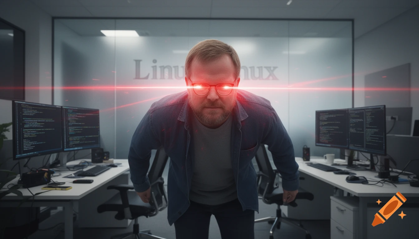 A man with a beard and glasses shoots red lasers from his eyes in a modern office with "Linux" on the wall.