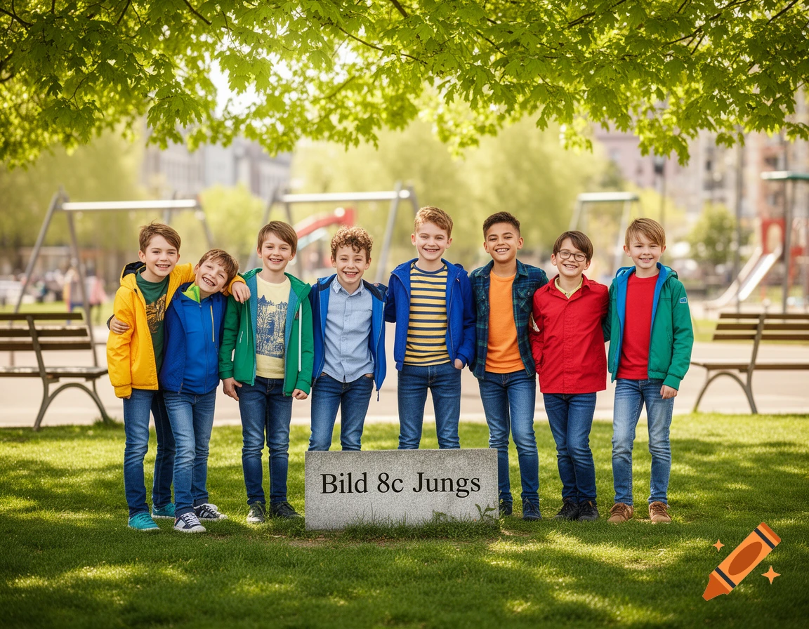 Eight smiling boys stand together in a park under a leafy tree, with a stone inscribed "Bild 8c Jungs" in front of them.