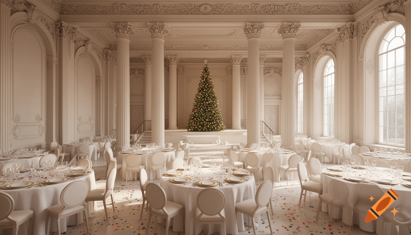 A grand, elegant white banquet hall adorned with a large, lit Christmas tree on a stage, surrounded by round tables set with white cloths, gold-trimmed plates, and colorful confetti, all under arched windows.