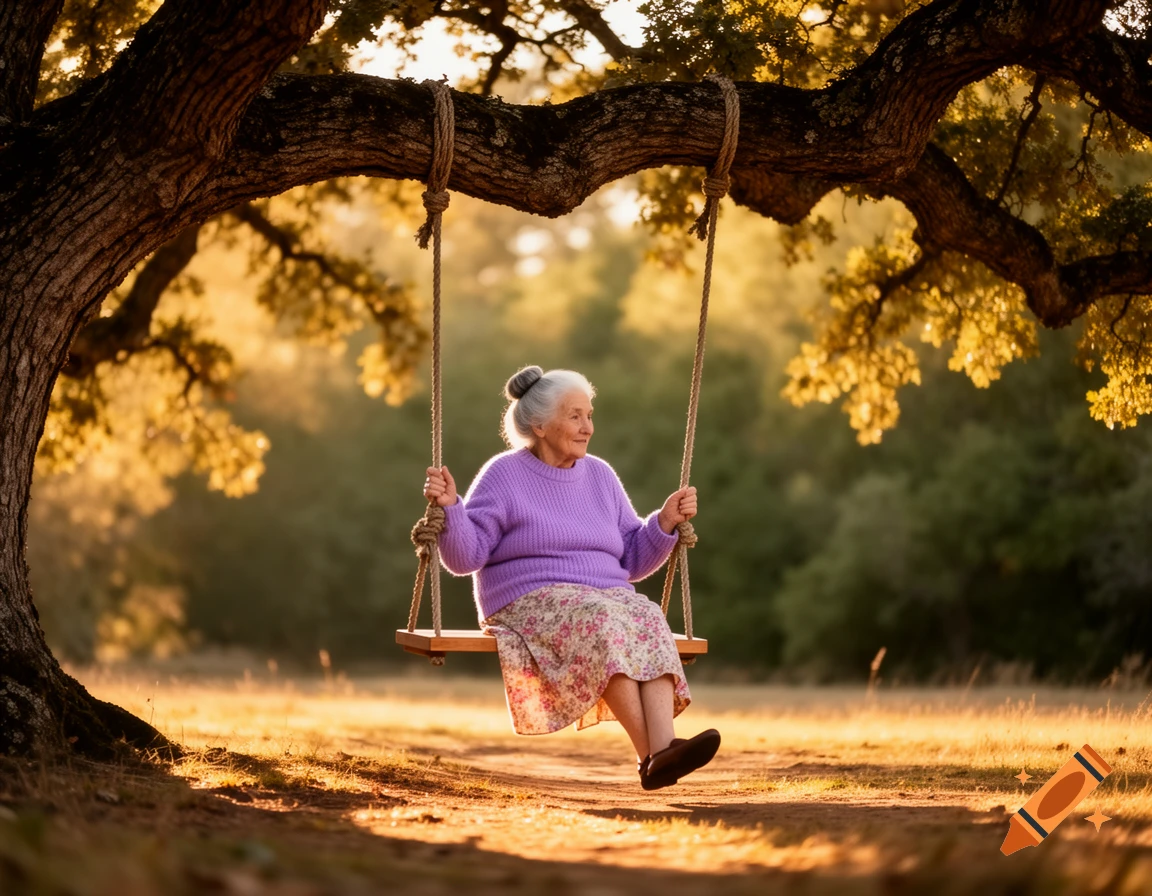 An elderly woman with gray hair sits smiling on a wooden swing suspended from a large tree, bathed in golden hour light in a grassy field.