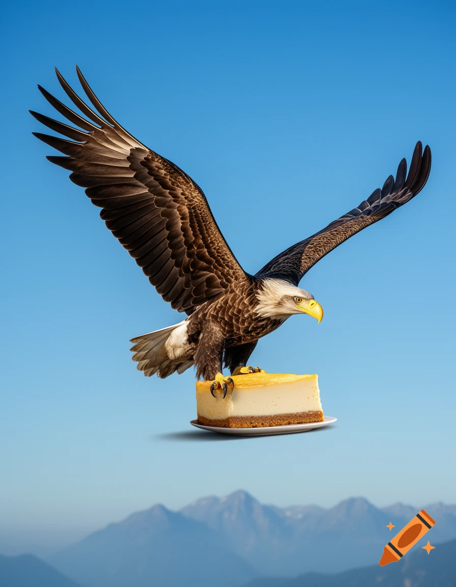 A majestic bald eagle with outstretched wings flies across a clear blue sky, carrying a slice of cheesecake on a white plate above a distant mountainous landscape.