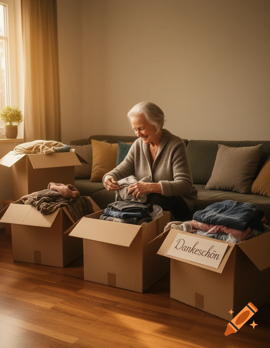 An elderly woman smiling while folding clothes and packing cardboard boxes in a sunlit living room, with one box labeled 'Dankeschön'.