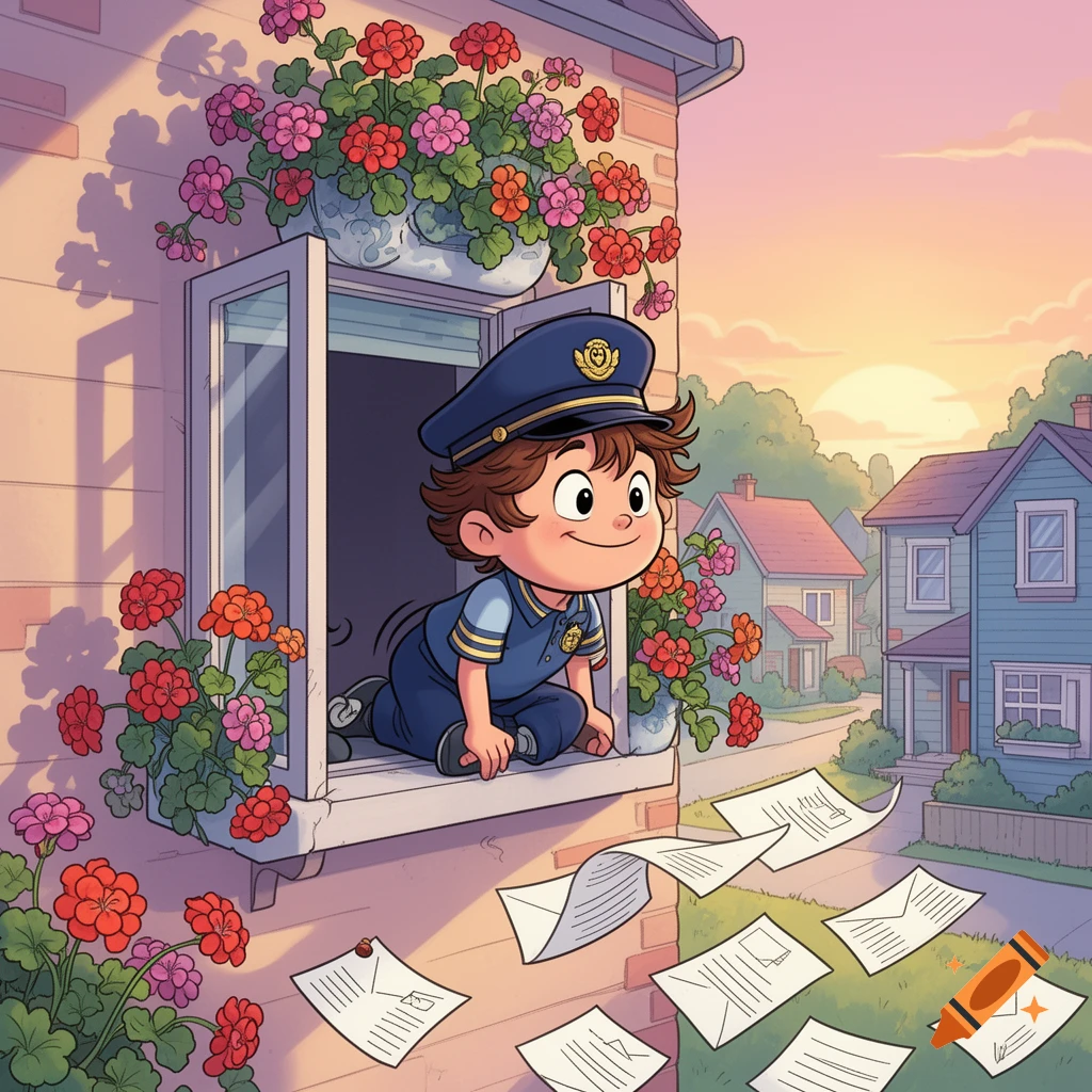 Cartoon boy in a mailman hat peers from a window, watching letters fall to the ground in a vibrant suburban scene at sunset.