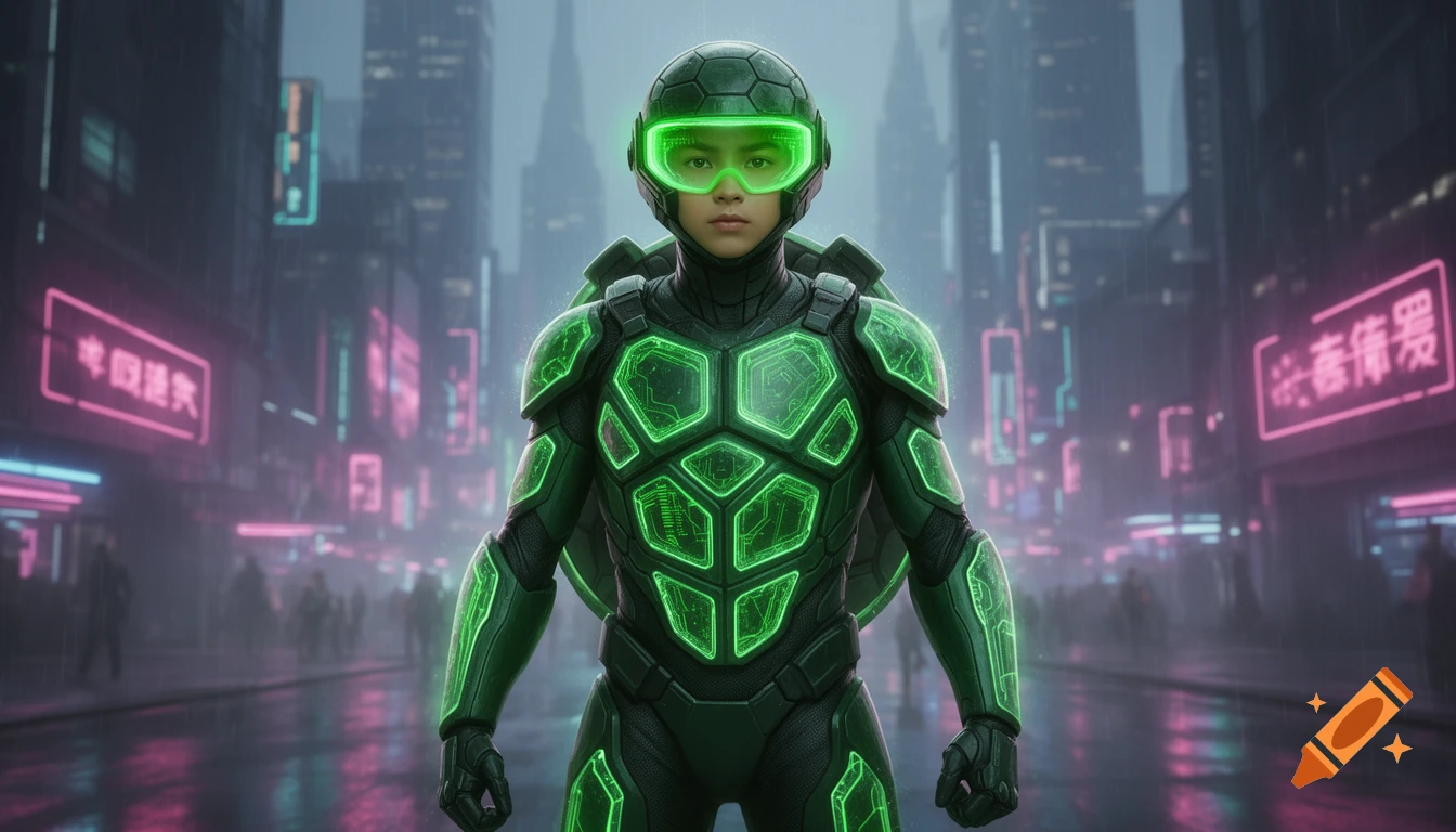 A young genius engineer in a glowing green, turtle-shell inspired combat suit with a visor stands in a rainy cyberpunk city at night.