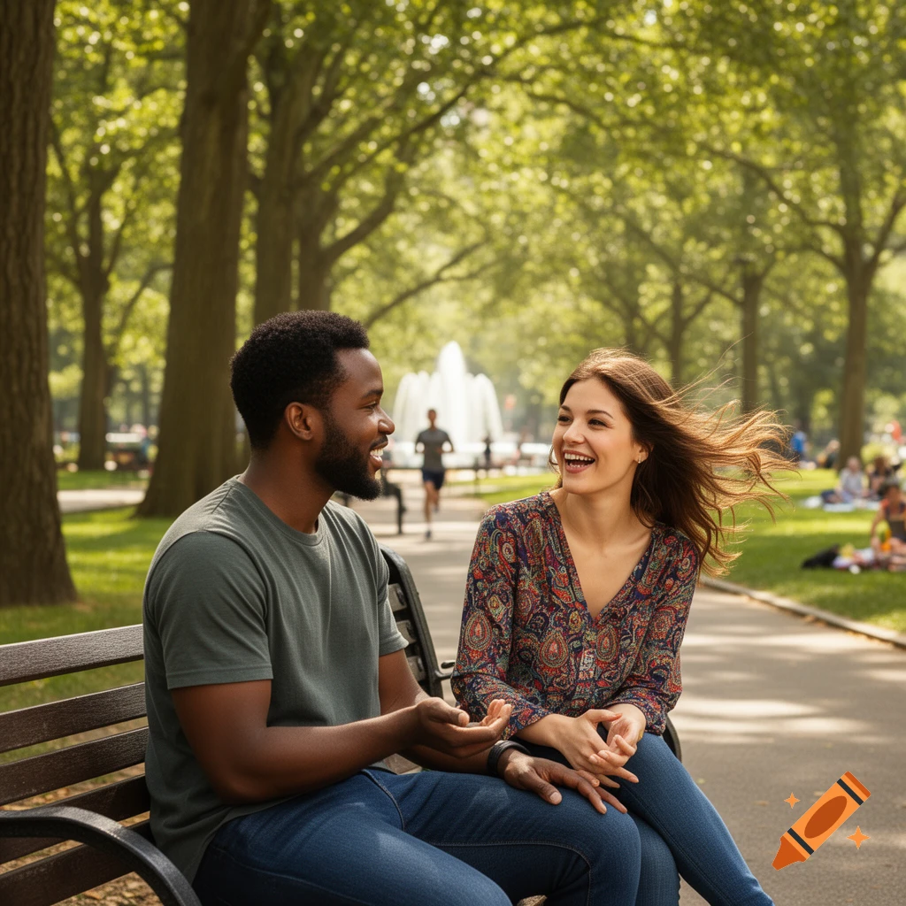 A diverse couple laughs and talks while sitting on a park bench with a fountain in the background.