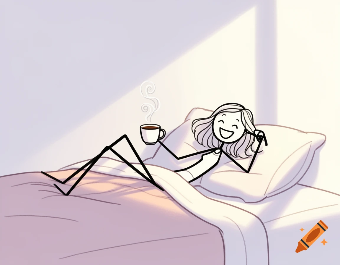 A happy stick figure woman with wavy hair smiles while lying in bed and drinking coffee. Cartoon.