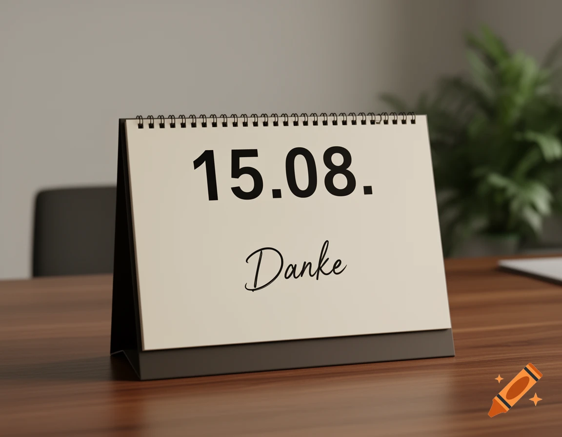 A photorealistic image of a desk calendar on a wooden table, displaying the date '15.08.' and the word 'Danke' in script.