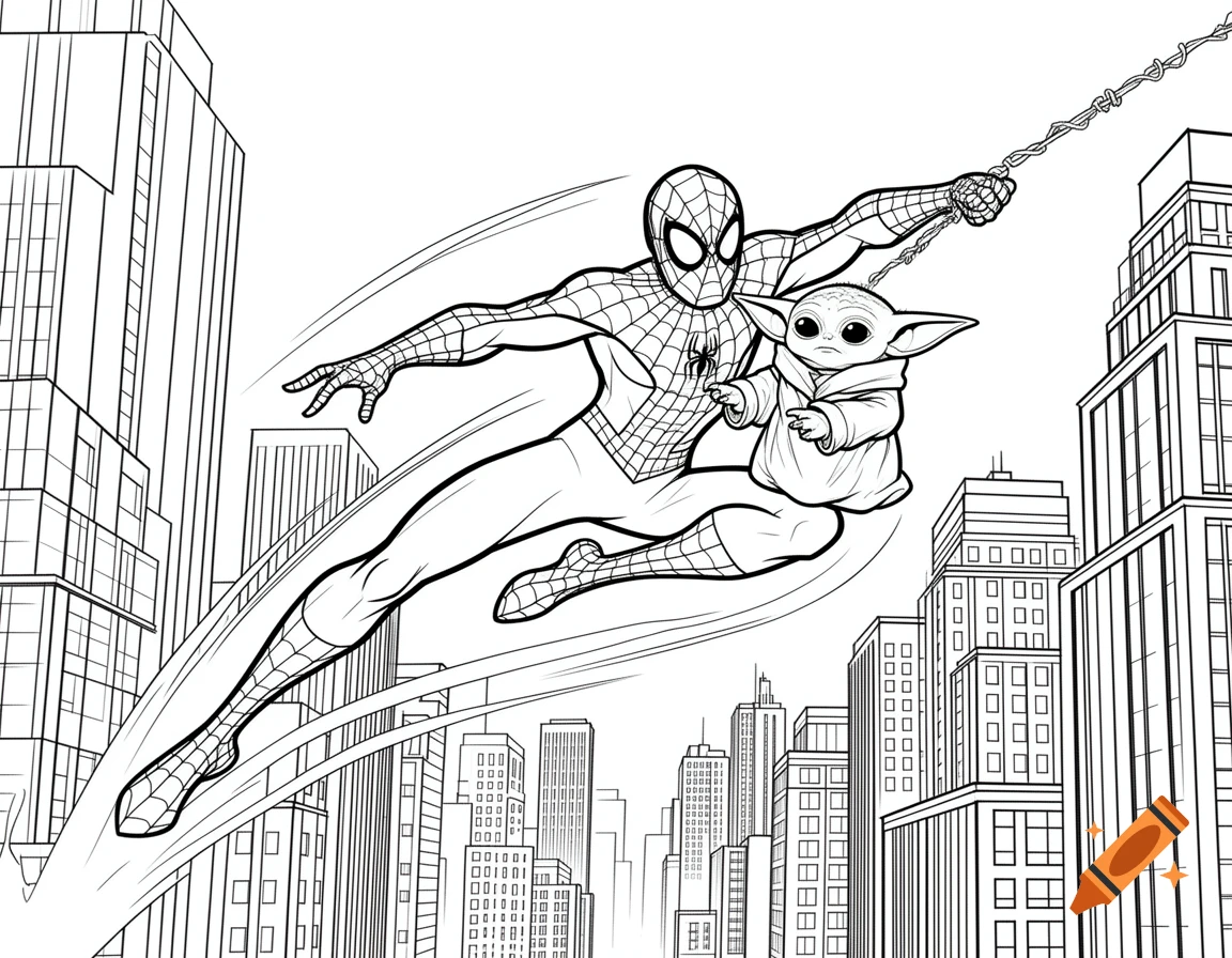 Black and white line art coloring page of Spider-Man swinging through a city with Baby Yoda.