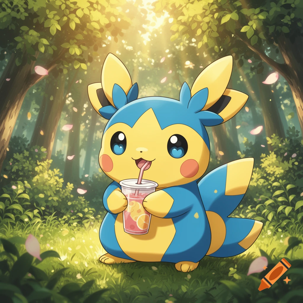 A cute blue and yellow Pokemon-like creature sips a drink through a straw in a bright, sunlit forest with falling petals.