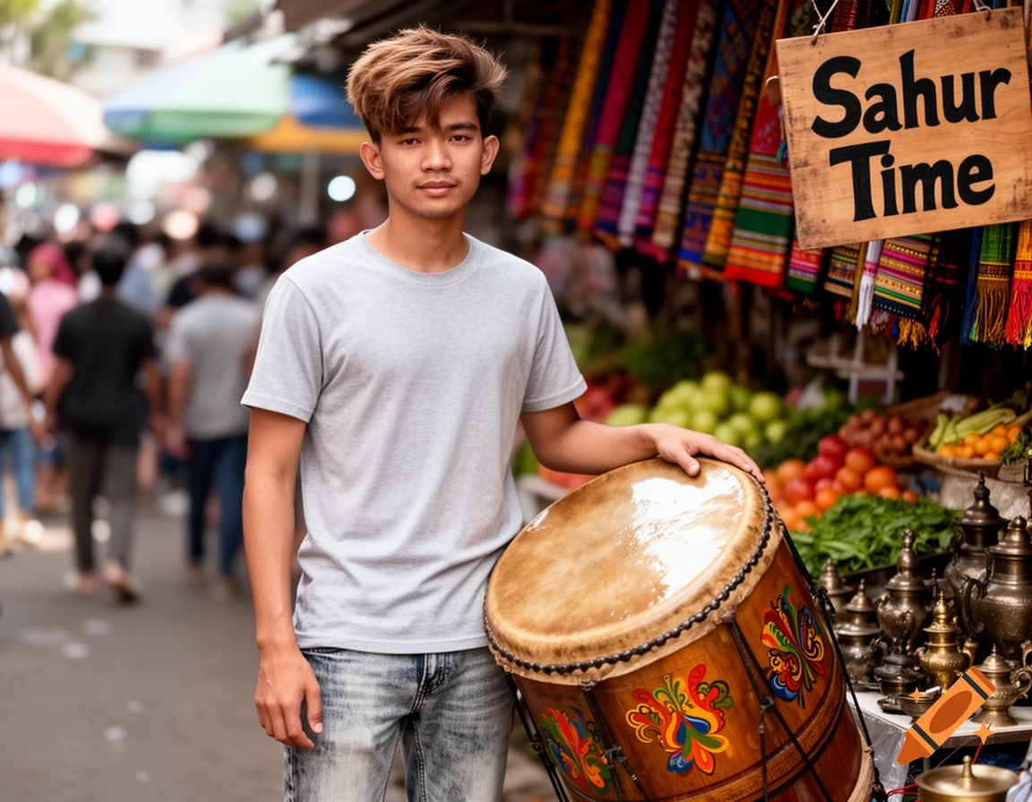 A young man stands in a bustling market, holding a decorated drum, next to a sign reading "Sahur Time".