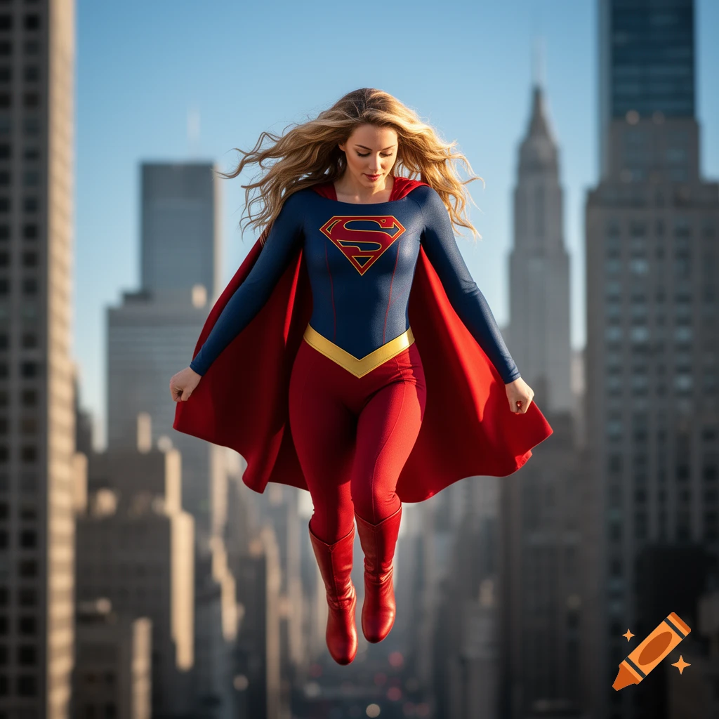 A photorealistic image of Supergirl flying over a cityscape, looking down with her blonde hair flowing.