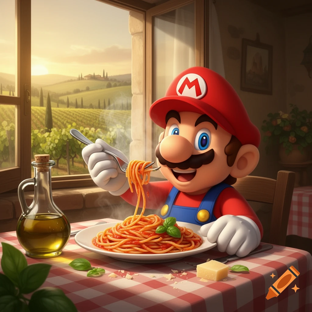Super Mario eats a plate of spaghetti with basil on a red-checkered table, overlooking a sunny Italian vineyard.