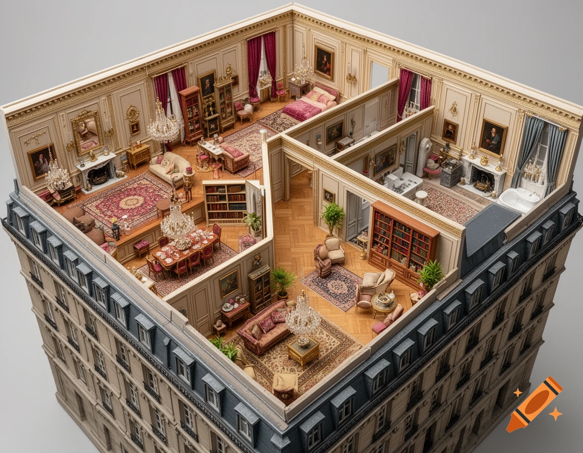Aerial view of a miniature Parisian Haussmannian apartment building with the roof removed, revealing richly furnished rooms like a dollhouse.