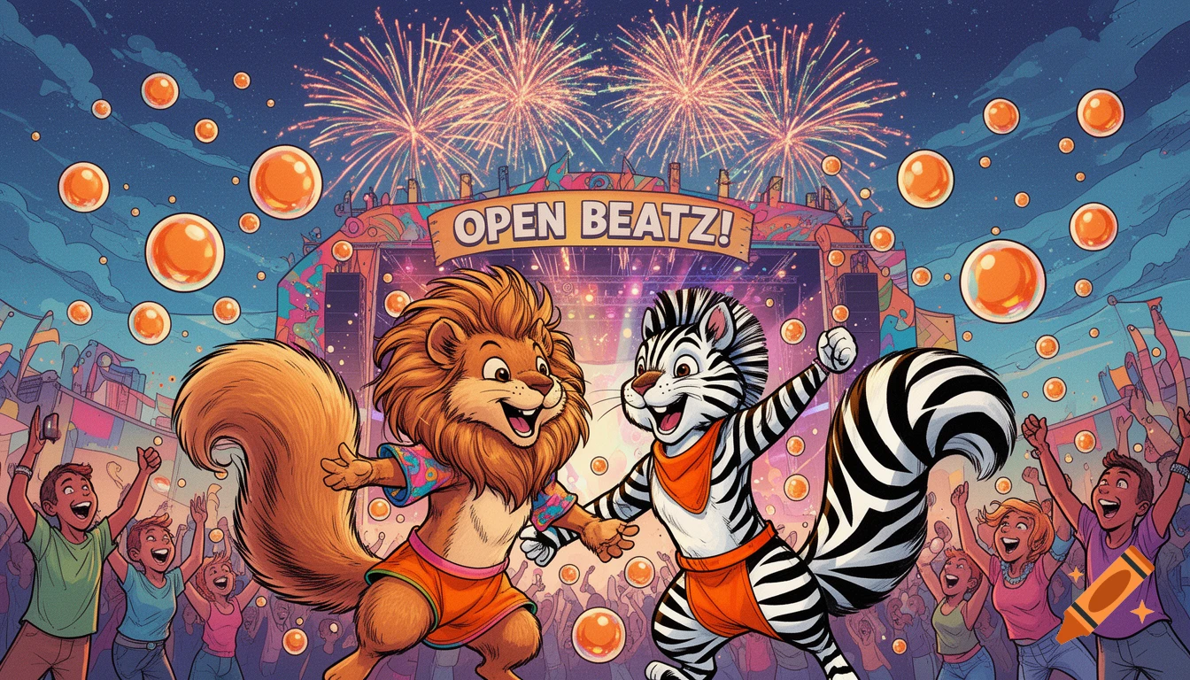 Two cartoon animal mascots, a lion-squirrel and a zebra-squirrel, celebrate at a vibrant comic-style music festival with fireworks and a cheering crowd. Banner reads 'OPEN BEATZ!'.