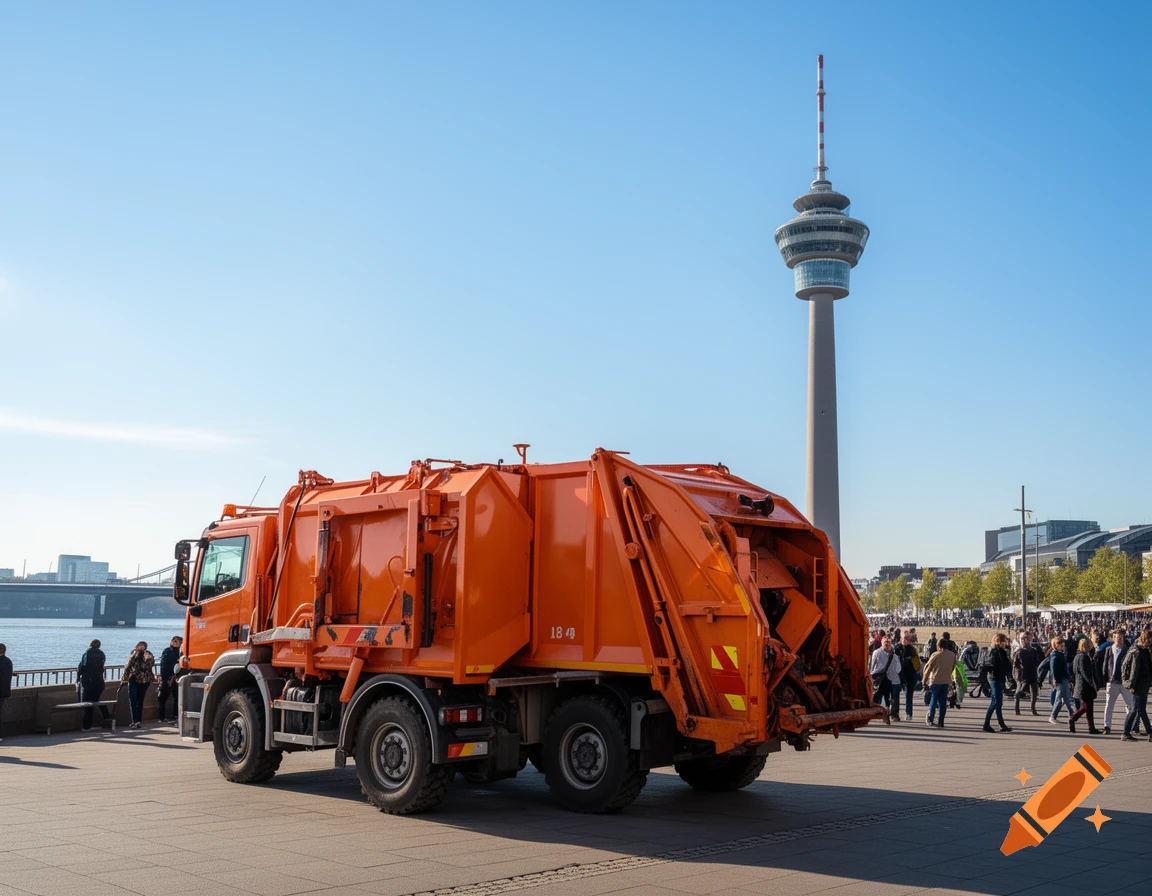 An orange garbage truck parked on a paved promenade overlooking a river, with the Rheinturm tower and city buildings under a clear blue sky.